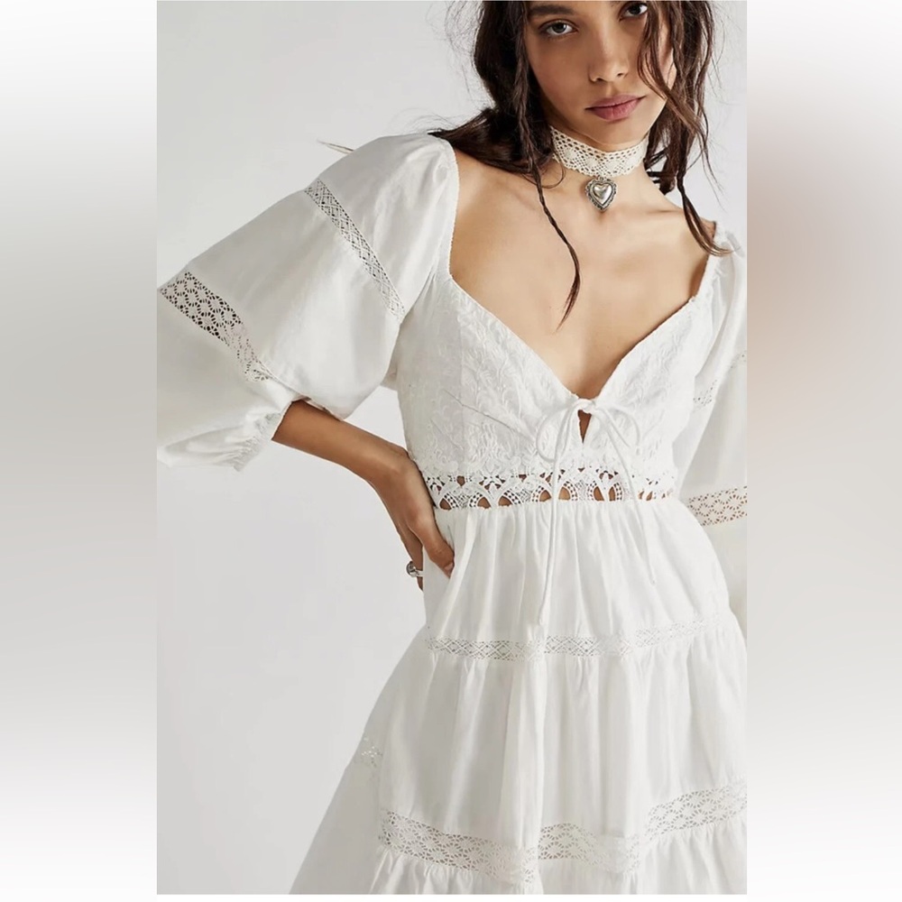 Free People White Puff Sleeve Lace Summer Dress Boho Style Size XL